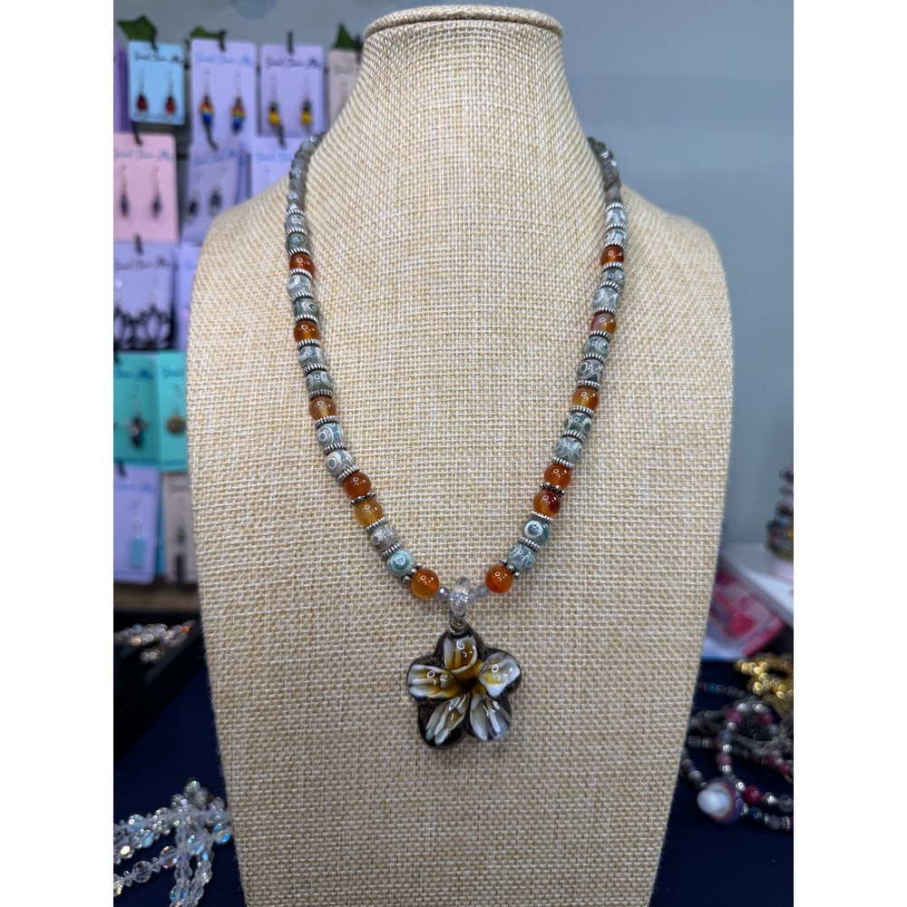 Handmade Lampwork Glass Flower Pendant Necklace Carnelian Labradorite Beaded 18"